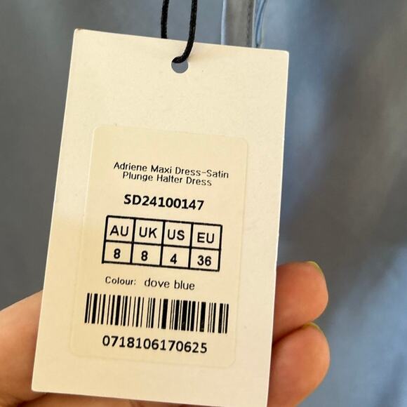 NWT Showpo Adriene Baby Blue Satin Plunge Babydoll Slit Halter Maxi Dress - Picture 5 of 7